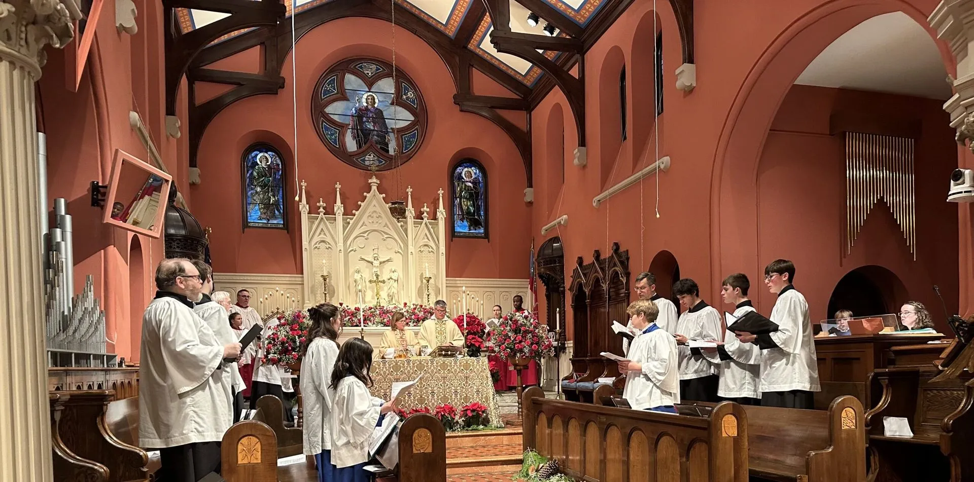 Choir singing in church nave during worship